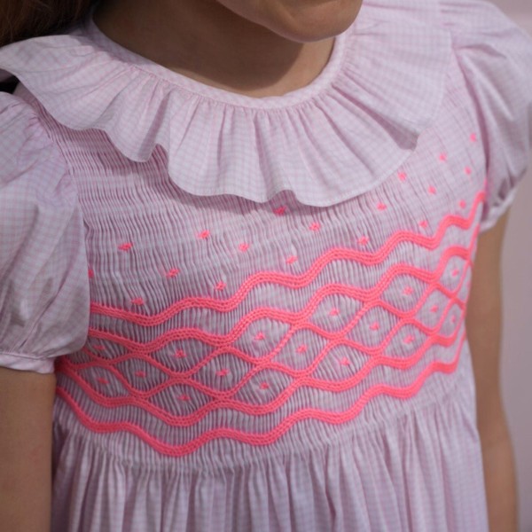 Katherine Johnson Dress Pink Grid Cotton with Strawberrylicious Hand Smocking Katherine Johnson Dress Pink Grid Cotton with Strawberrylicious Hand Smocking