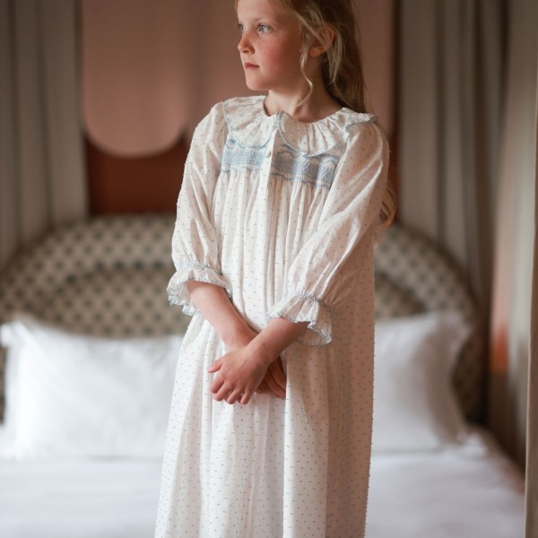 Nightingale Girl's Dress Forget Me Not Plumetti with Delphinium Hand Smocking
