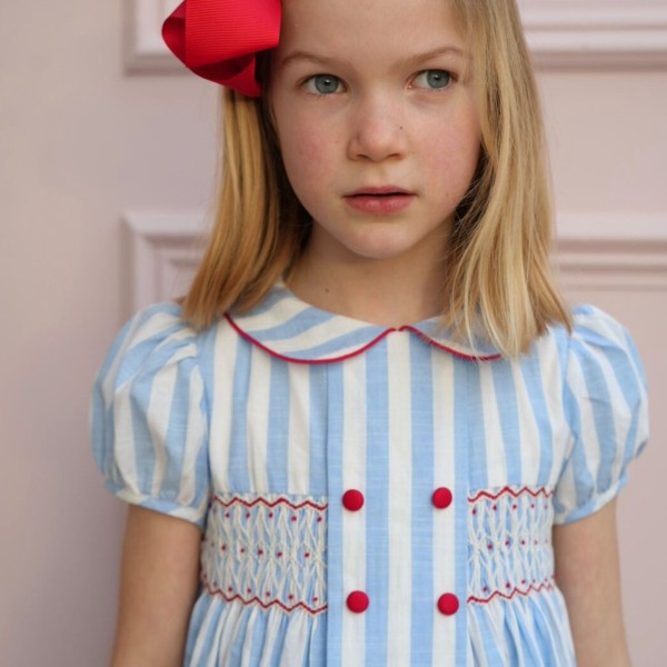 Thatcher Dress Sailor Stripe with White Heart Hand Smocking