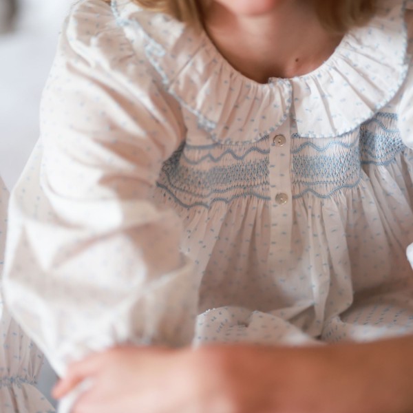 Nightingale Women's Dress Forget Me Not Plumetti with Delphinium Hand Smocking Nightingale Women's Dress Forget Me Not Plumetti with Delphinium Hand Smocking