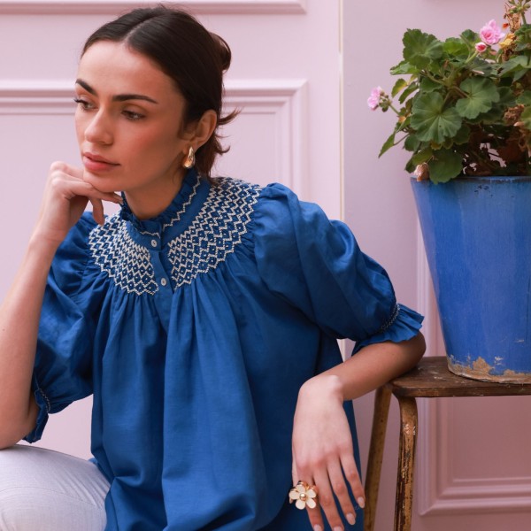 Scholl Blouse Cobalt Linen with Vanilla Hand Smocking Edition 54 Scholl Blouse Cobalt Linen with Vanilla Hand Smocking Edition 54