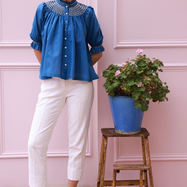 Scholl Blouse Cobalt Linen with Vanilla Hand Smocking Edition 54 Scholl Blouse Cobalt Linen with Vanilla Hand Smocking Edition 54