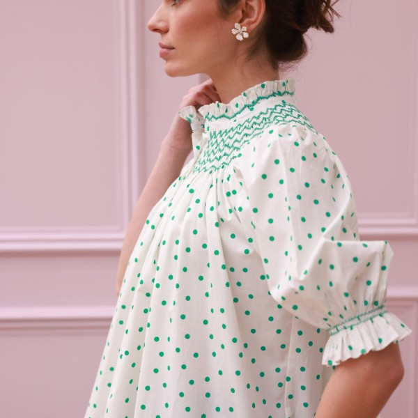 Scholl Blouse Frog Polka cotton with Jade Hand Smocking Edition 59 Scholl Blouse Frog Polka cotton with Jade Hand Smocking Edition 59