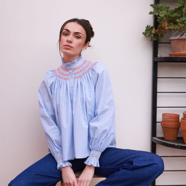 Scholl Blouse Oxford Stripe with Orange Blossom Hand Smocking Edition 62